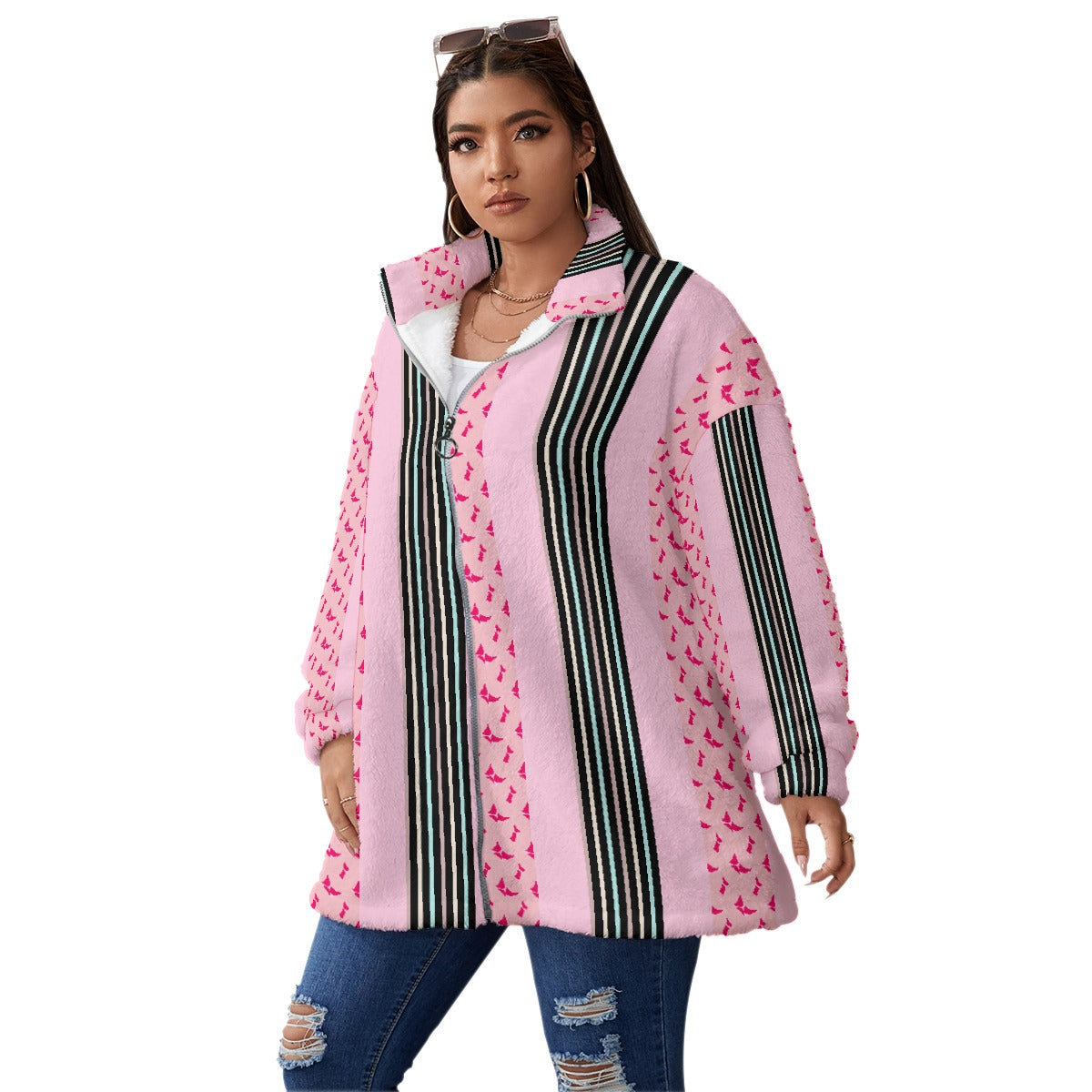 All-Over Print Unisex Borg Fleece Stand-up Collar Coat With Zipper Closure(Plus Size)