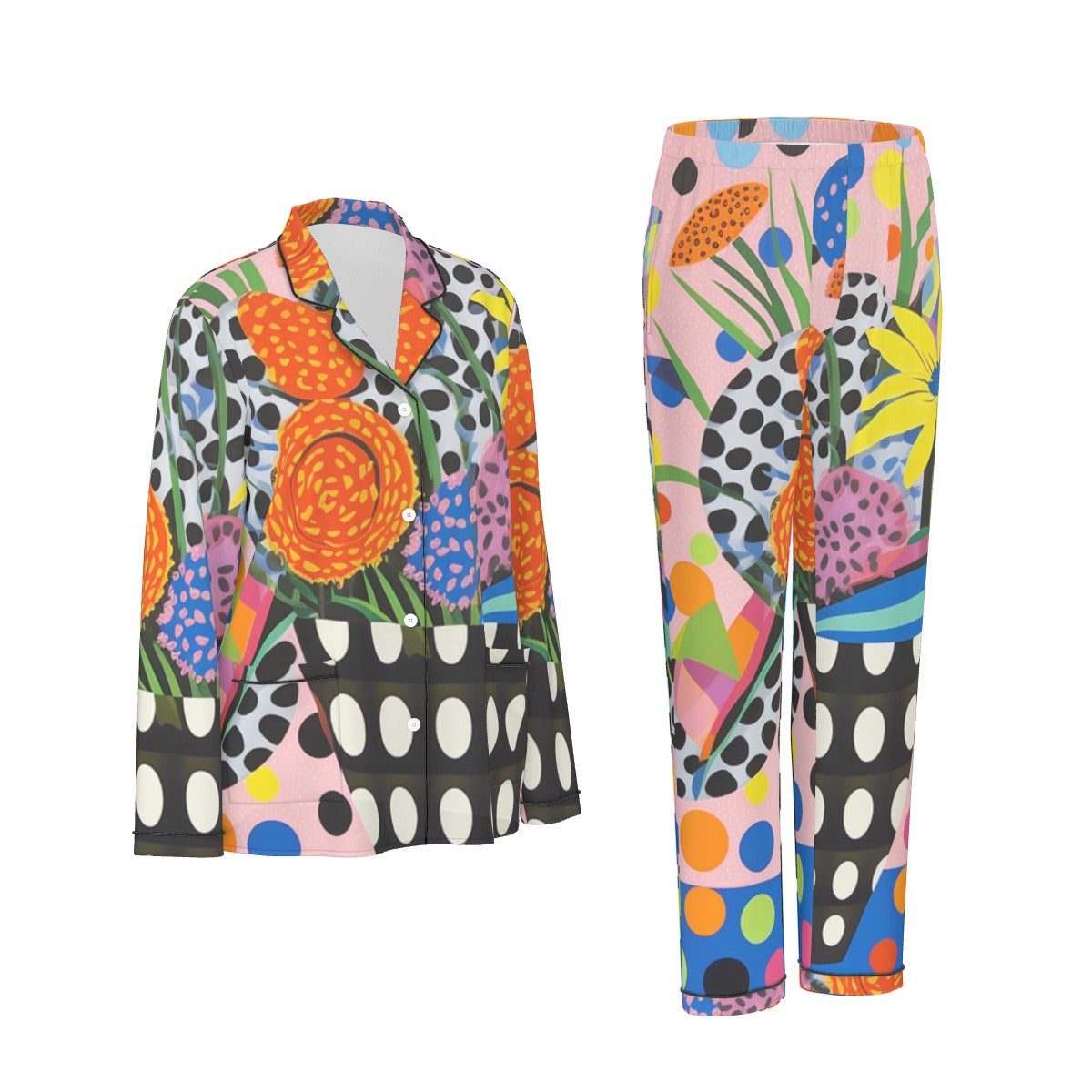 All-Over Print Women's Long Sleeve Pajama Set With Black Contrast Piping