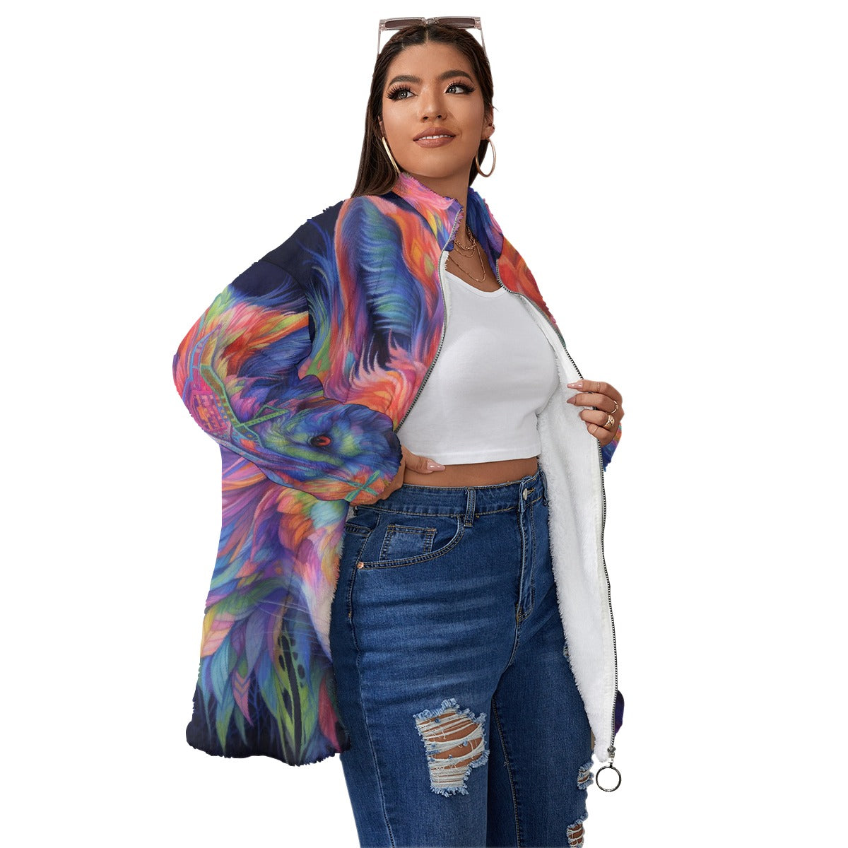 All-Over Print Unisex Borg Fleece Stand-up Collar Coat With Zipper Closure(Plus Size)