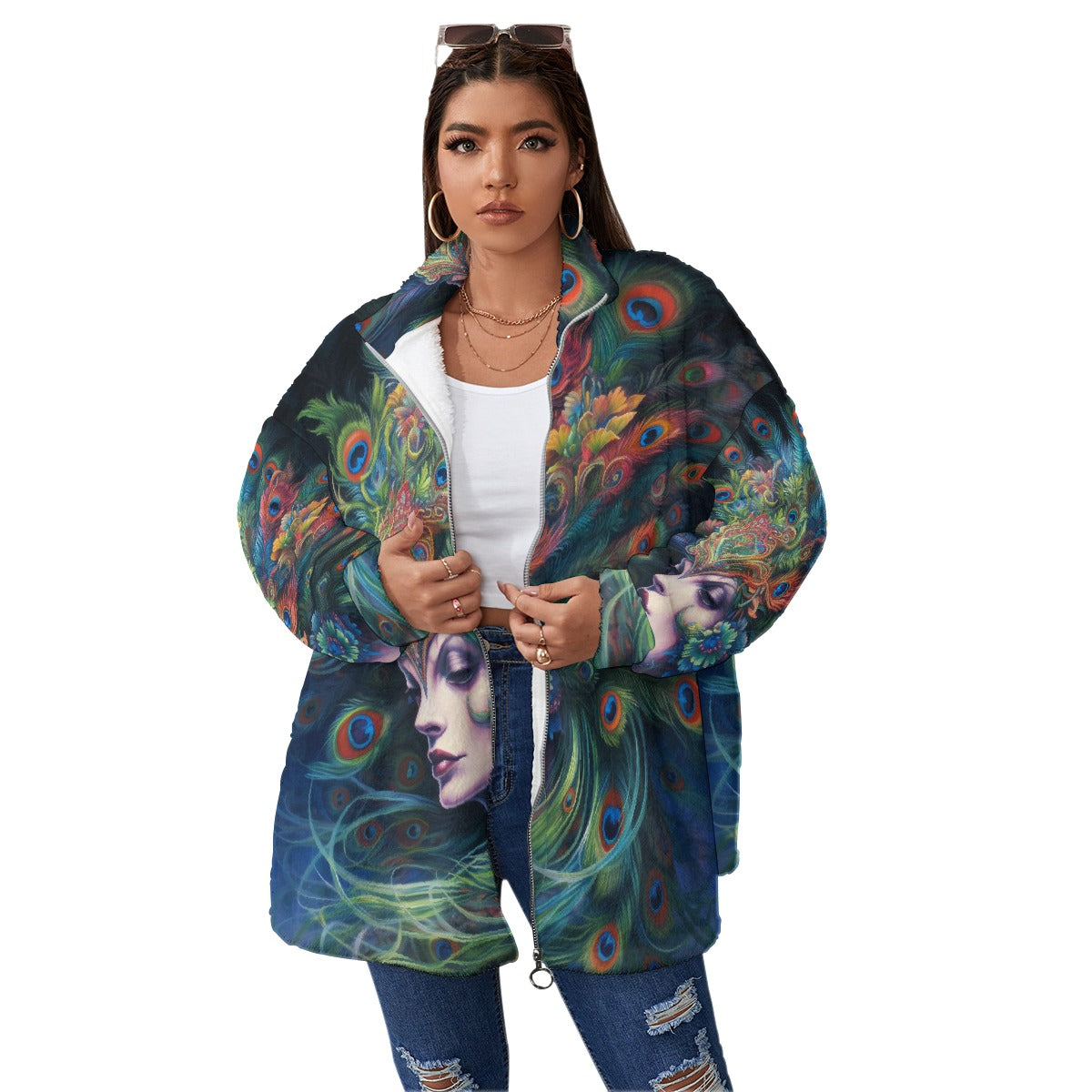 All-Over Print Unisex Borg Fleece Stand-up Collar Coat With Zipper Closure(Plus Size)