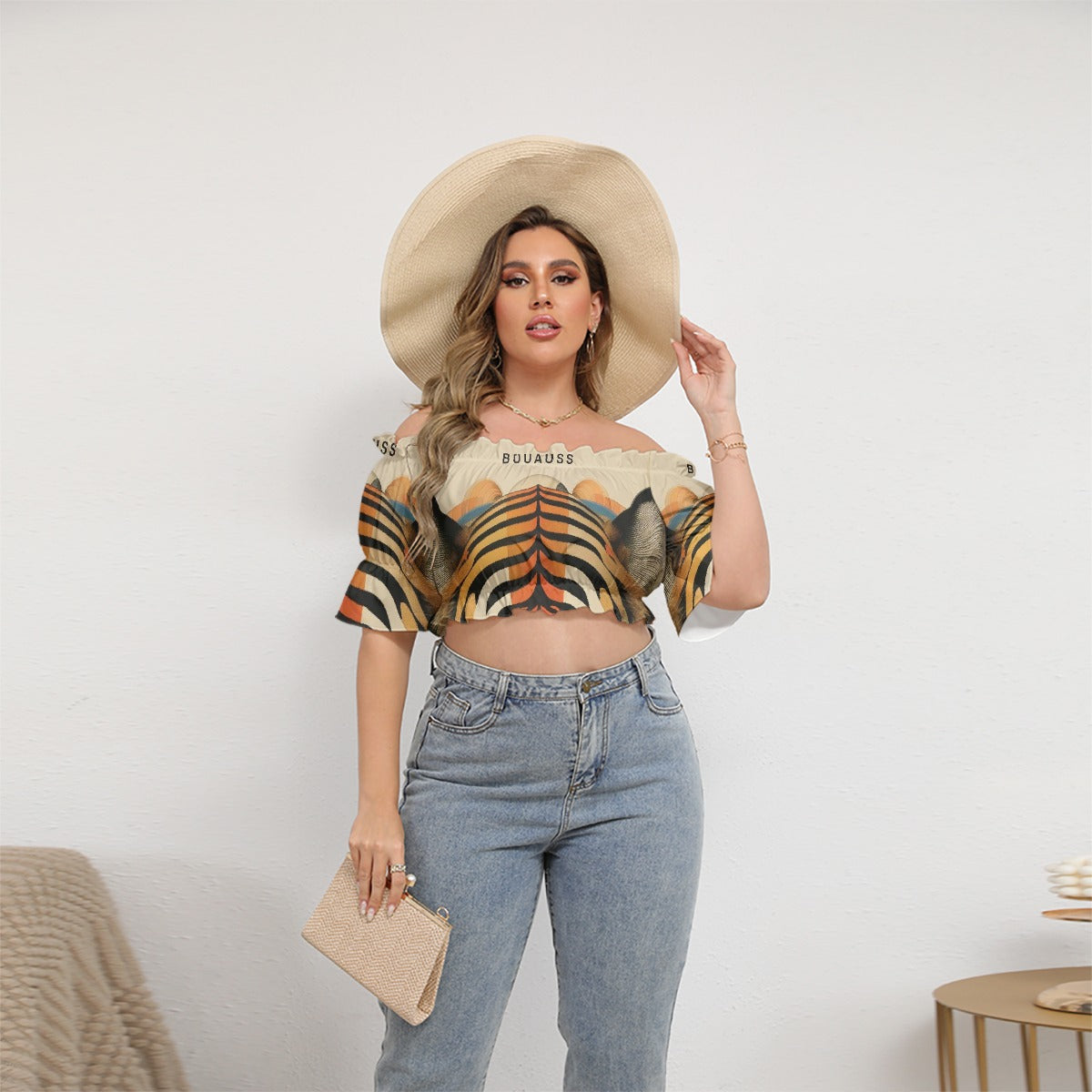 All-Over Print Women's Off-shoulder Cropped Top With Short Puff Sleeve