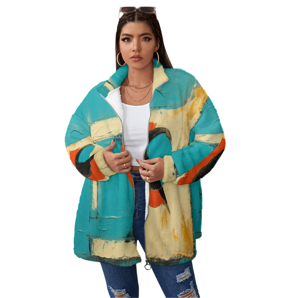 All-Over Print Unisex Borg Fleece Stand-up Collar Coat With Zipper Closure(Plus Size)