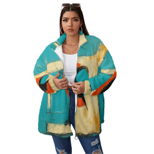 All-Over Print Unisex Borg Fleece Stand-up Collar Coat With Zipper Closure(Plus Size)