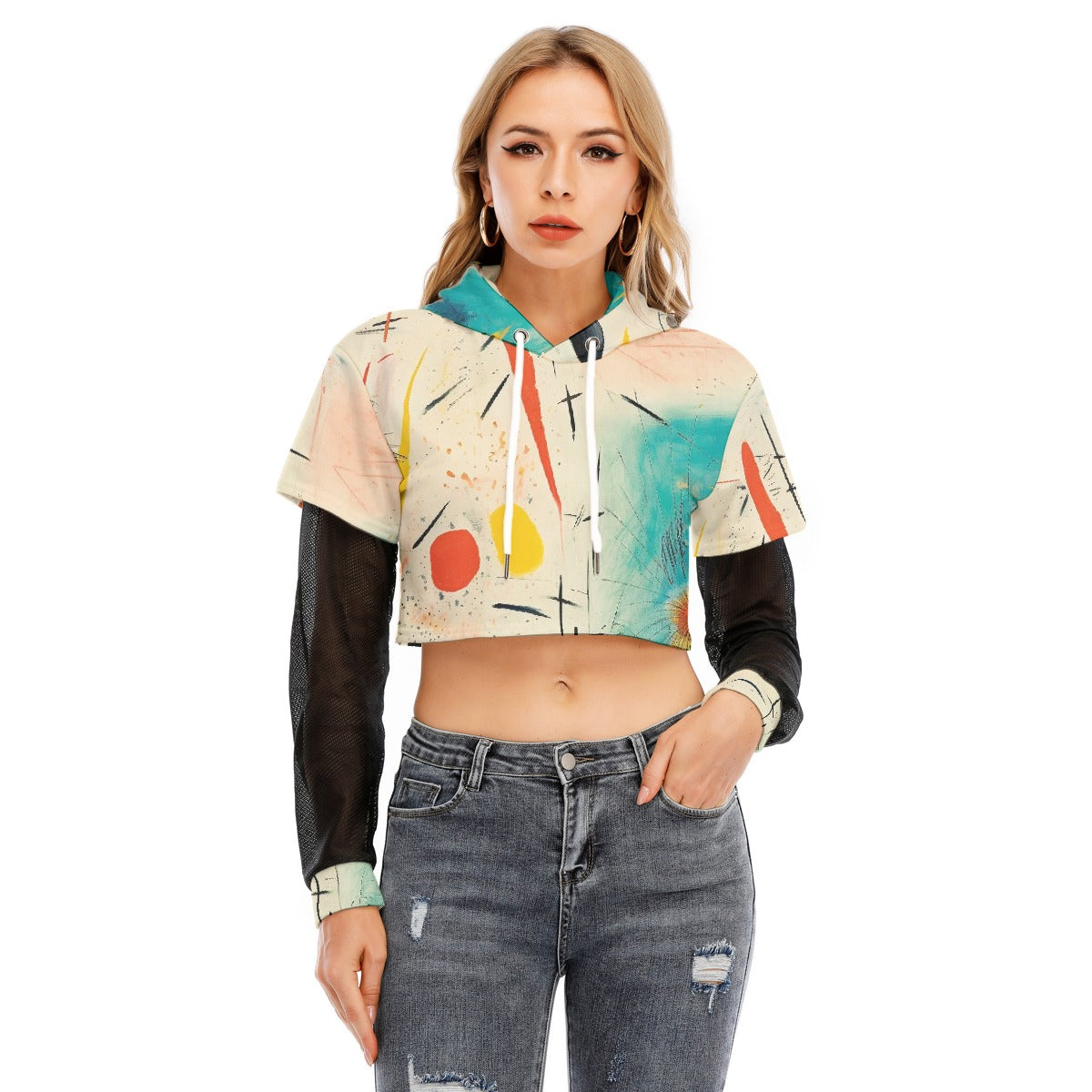 All-Over Print Women's Fake Two-piece Mesh Sleeve Cropped Hoodie