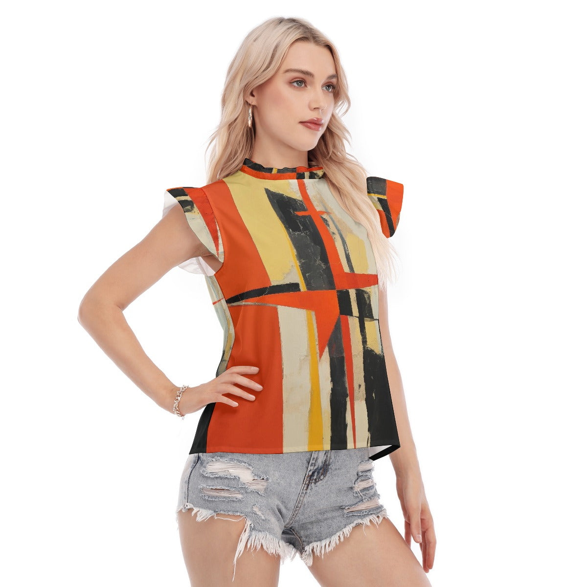 All-Over Print Women's Blouse With Ruffle Collar And Sleeve