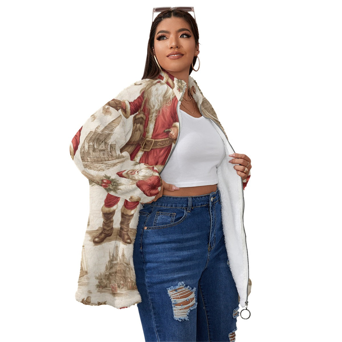 All-Over Print Unisex Borg Fleece Stand-up Collar Coat With Zipper Closure(Plus Size)