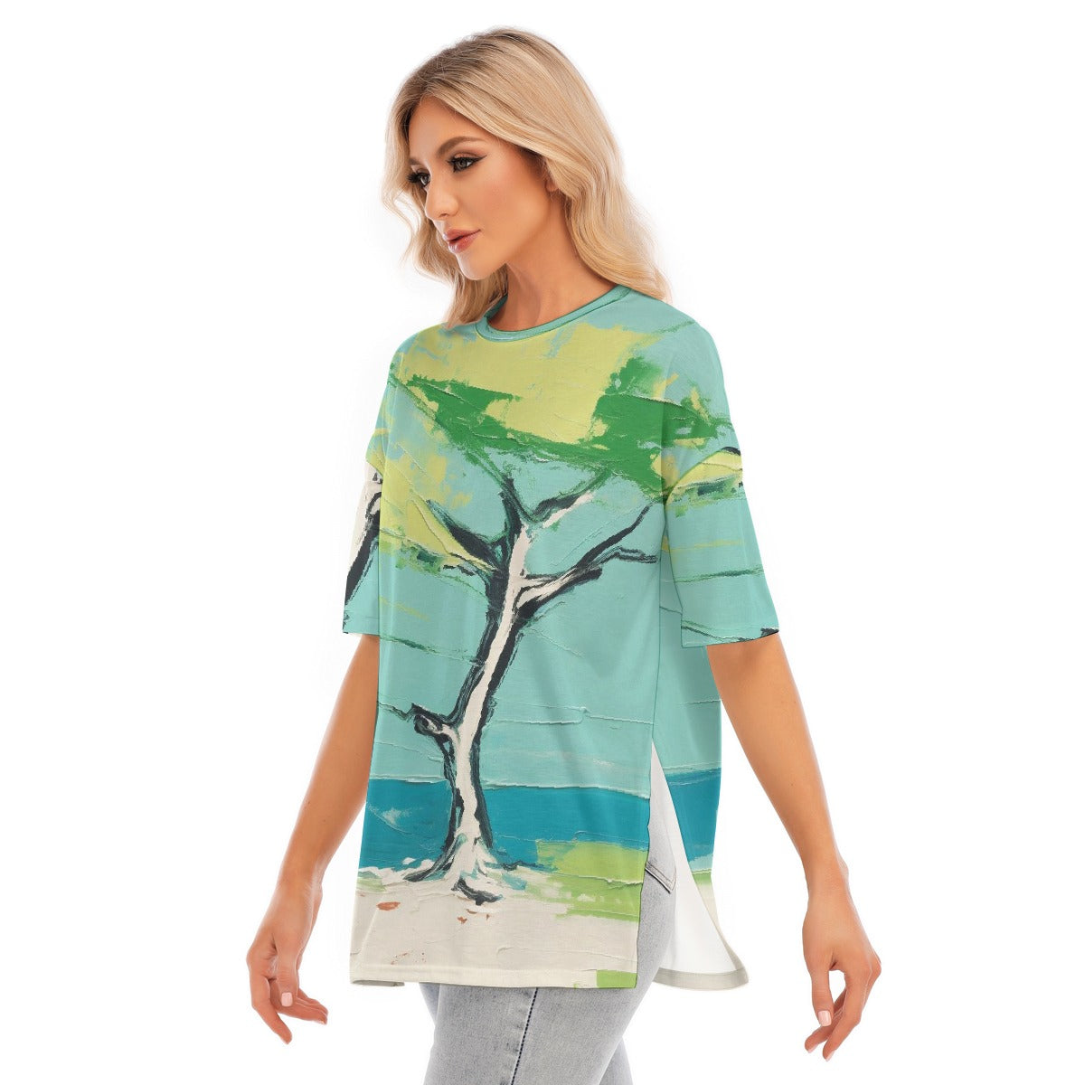 All-Over Print Women's Short Sleeves T-shirt With Hem Split