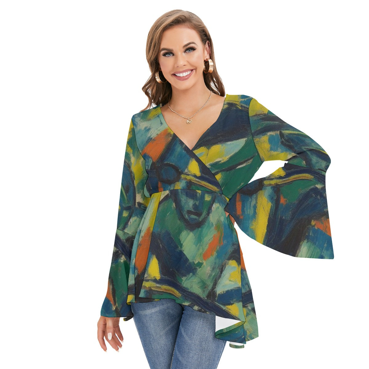 All-Over Print Women's V-neck Blouse With Flared Sleeves
