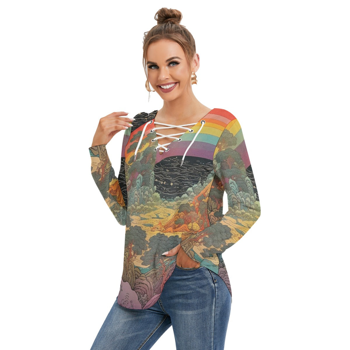 All-Over Print Women's Long Sleeve Neckline Tie Sweatshirt
