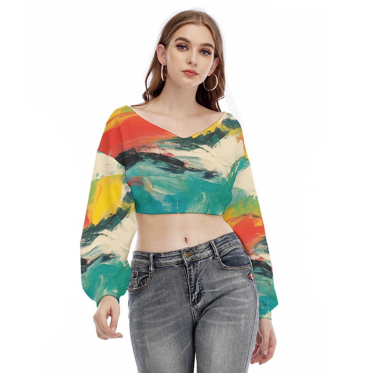 All-Over Print Women's V-neck Long Sleeve Cropped Sweatshirt