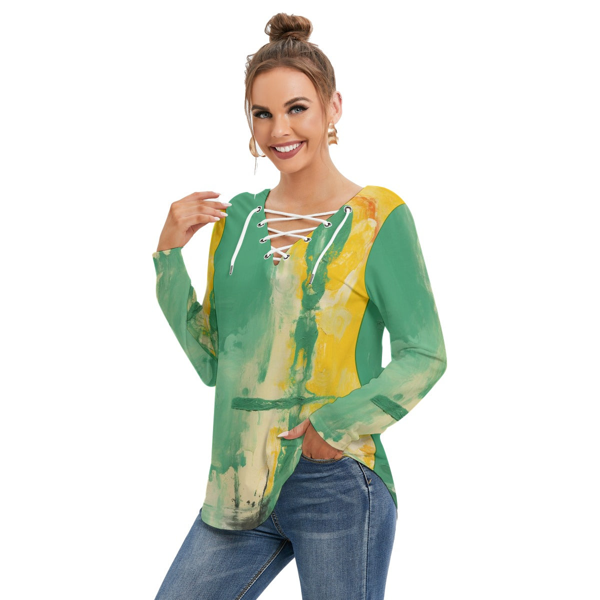 All-Over Print Women's Long Sleeve Neckline Tie Sweatshirt