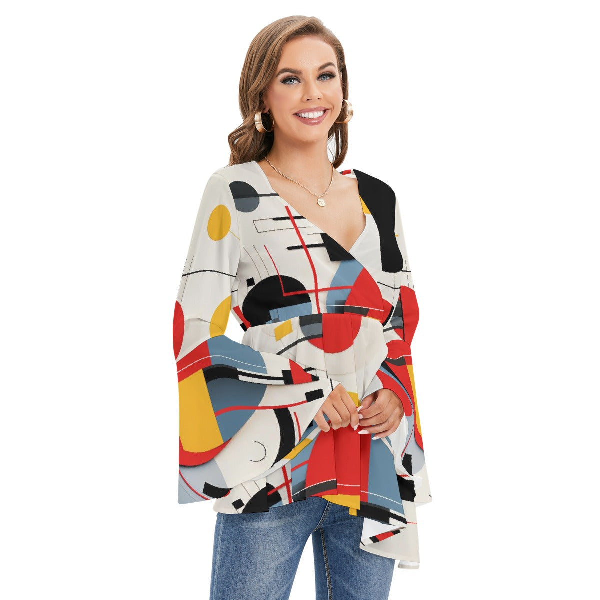 All-Over Print Women's V-neck Blouse With Flared Sleeves