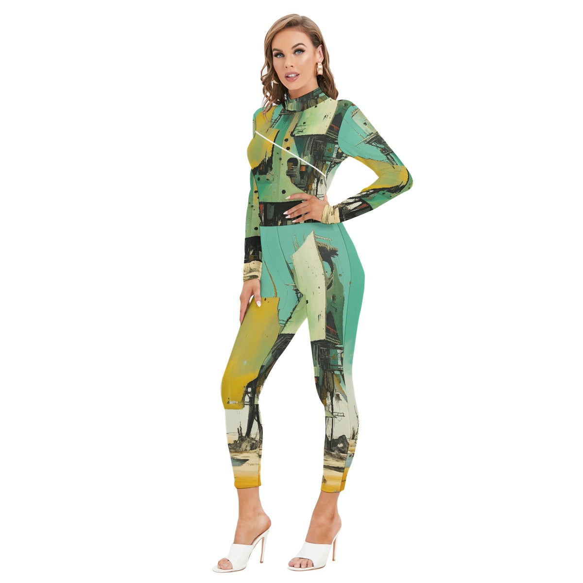 All-Over Print Women's Long-sleeved High-neck Jumpsuit With Zipper