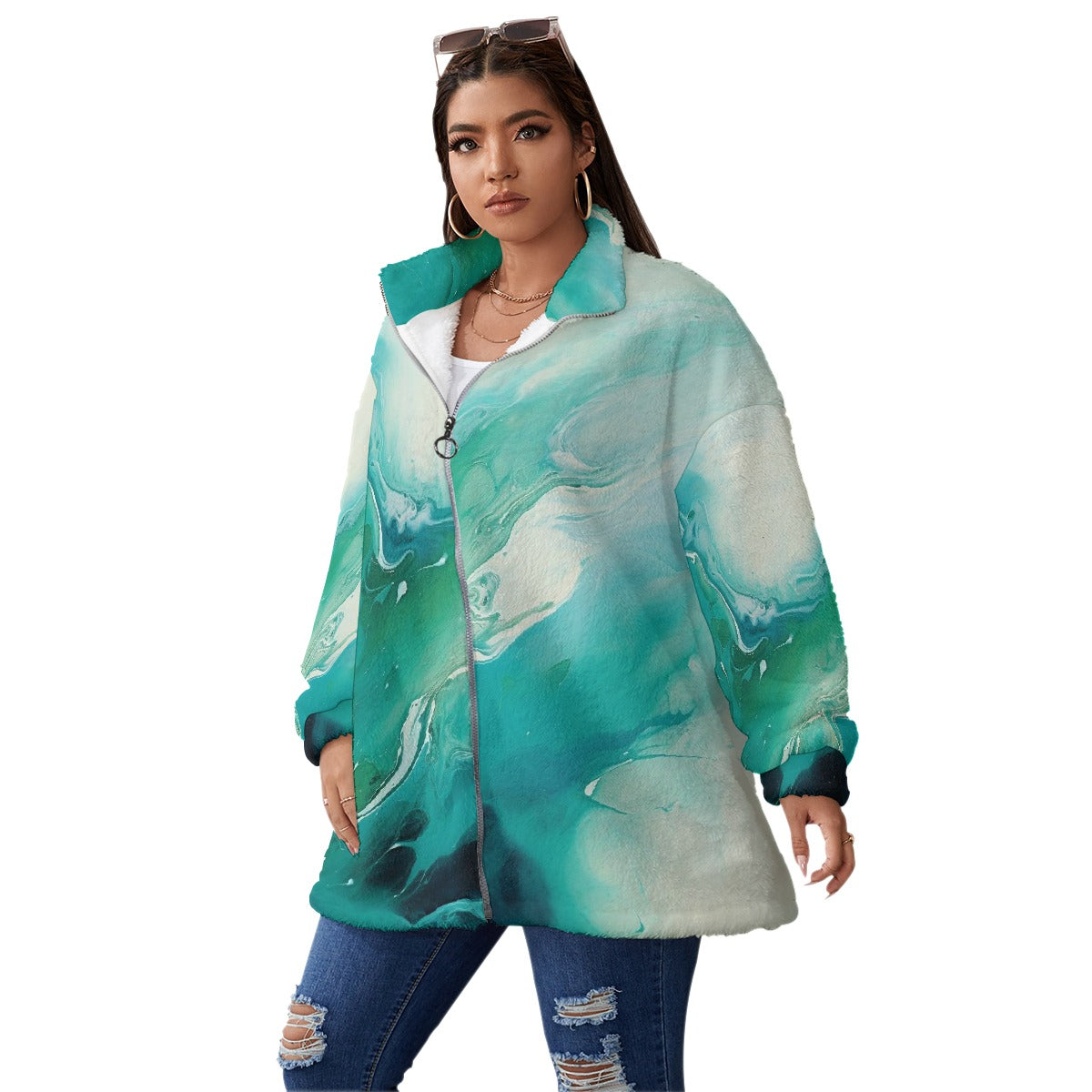 All-Over Print Unisex Borg Fleece Stand-up Collar Coat With Zipper Closure(Plus Size)