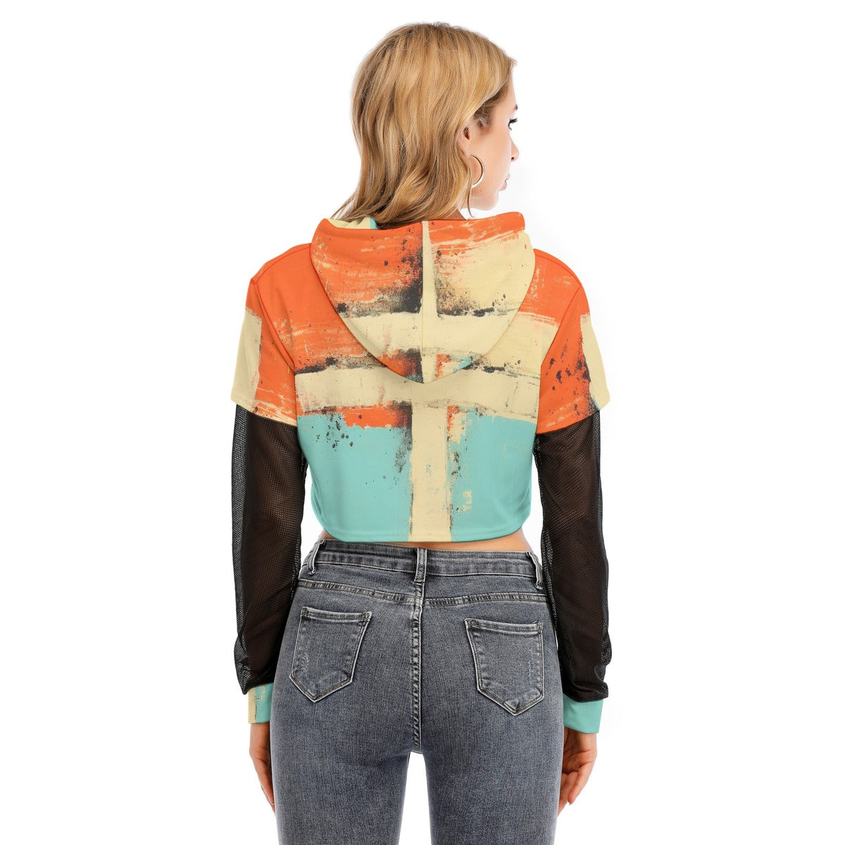 All-Over Print Women's Fake Two-piece Mesh Sleeve Cropped Hoodie