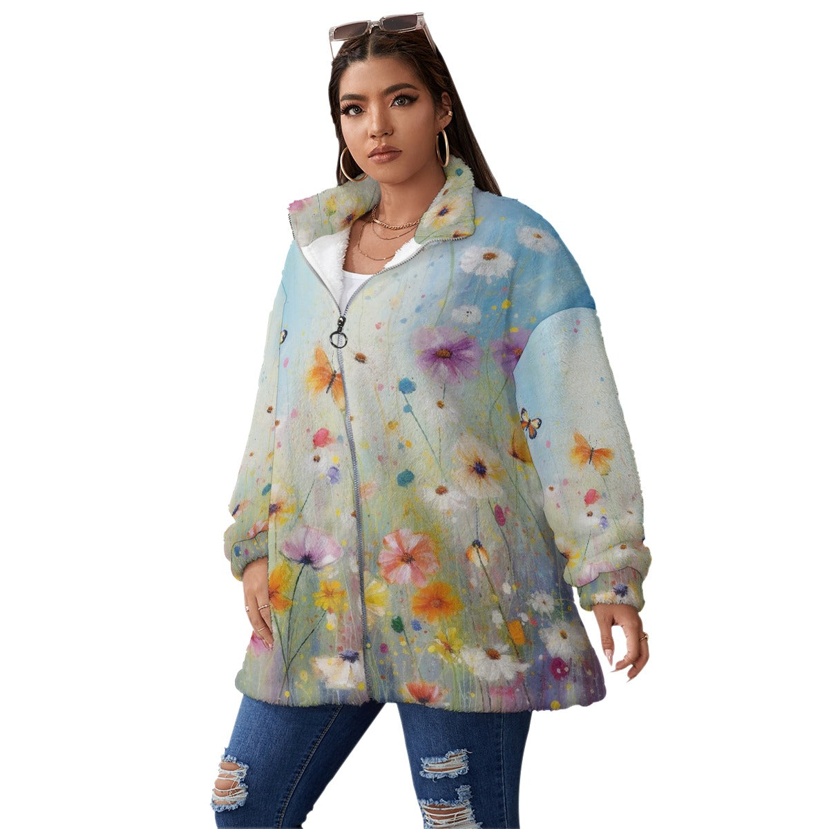All-Over Print Unisex Borg Fleece Stand-up Collar Coat With Zipper Closure(Plus Size)