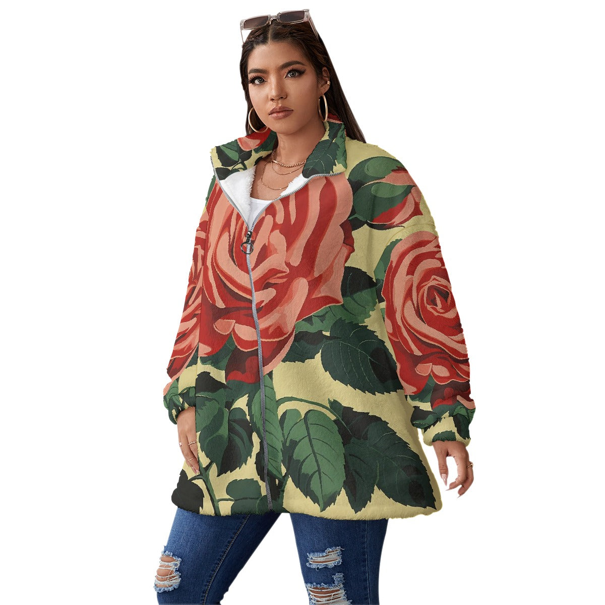 All-Over Print Unisex Borg Fleece Stand-up Collar Coat With Zipper Closure(Plus Size)