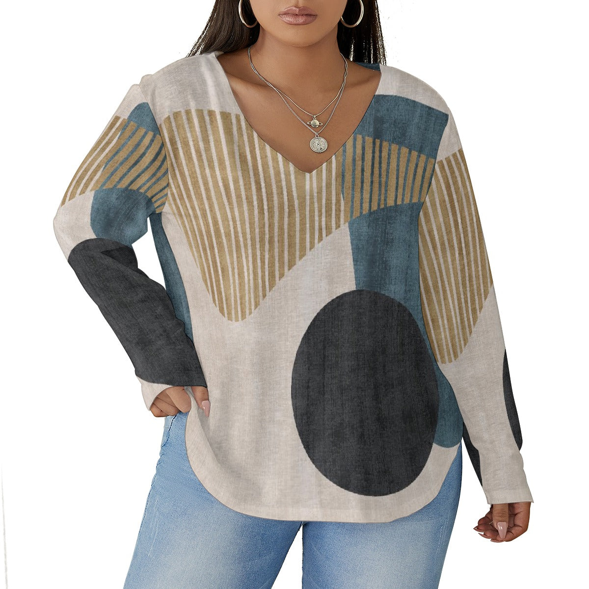 All-Over Print Women's V-neck T-shirt With Curved Hem(Plus Size)