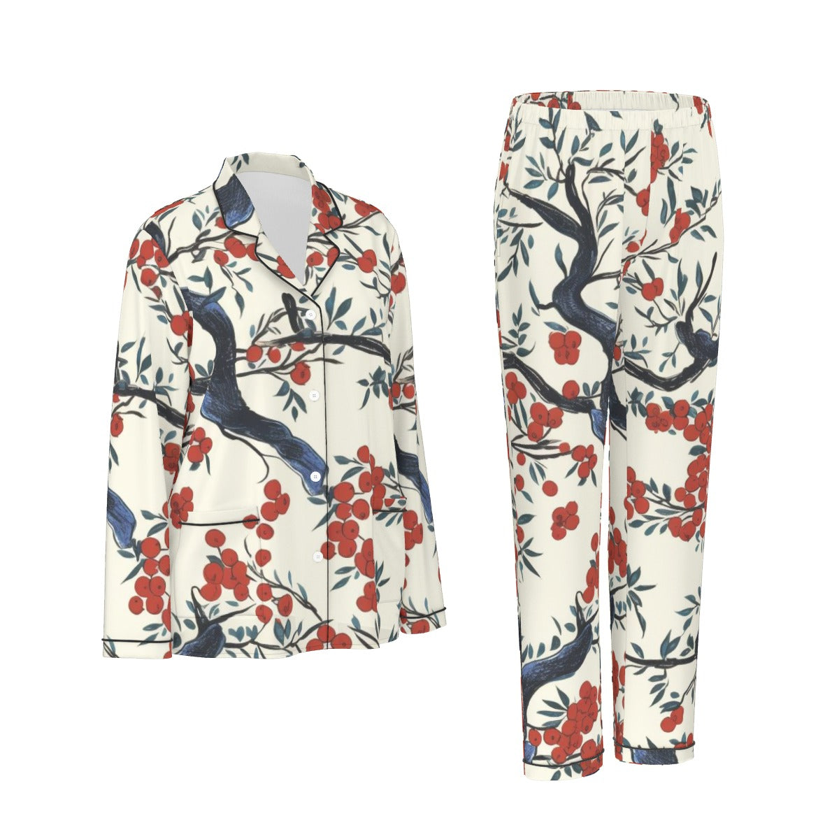 All-Over Print Women's Long Sleeve Pajama Set With Black Contrast Piping