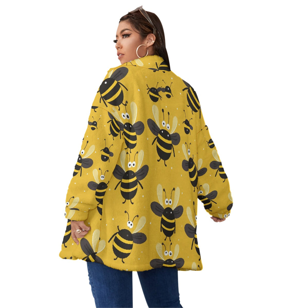 All-Over Print Unisex Borg Fleece Stand-up Collar Coat With Zipper Closure(Plus Size)