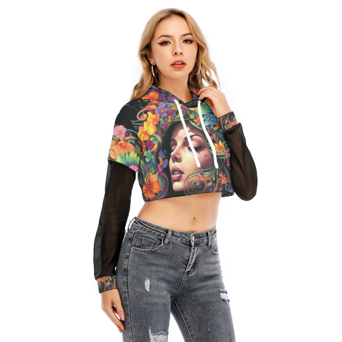 All-Over Print Women's Fake Two-piece Mesh Sleeve Cropped Hoodie