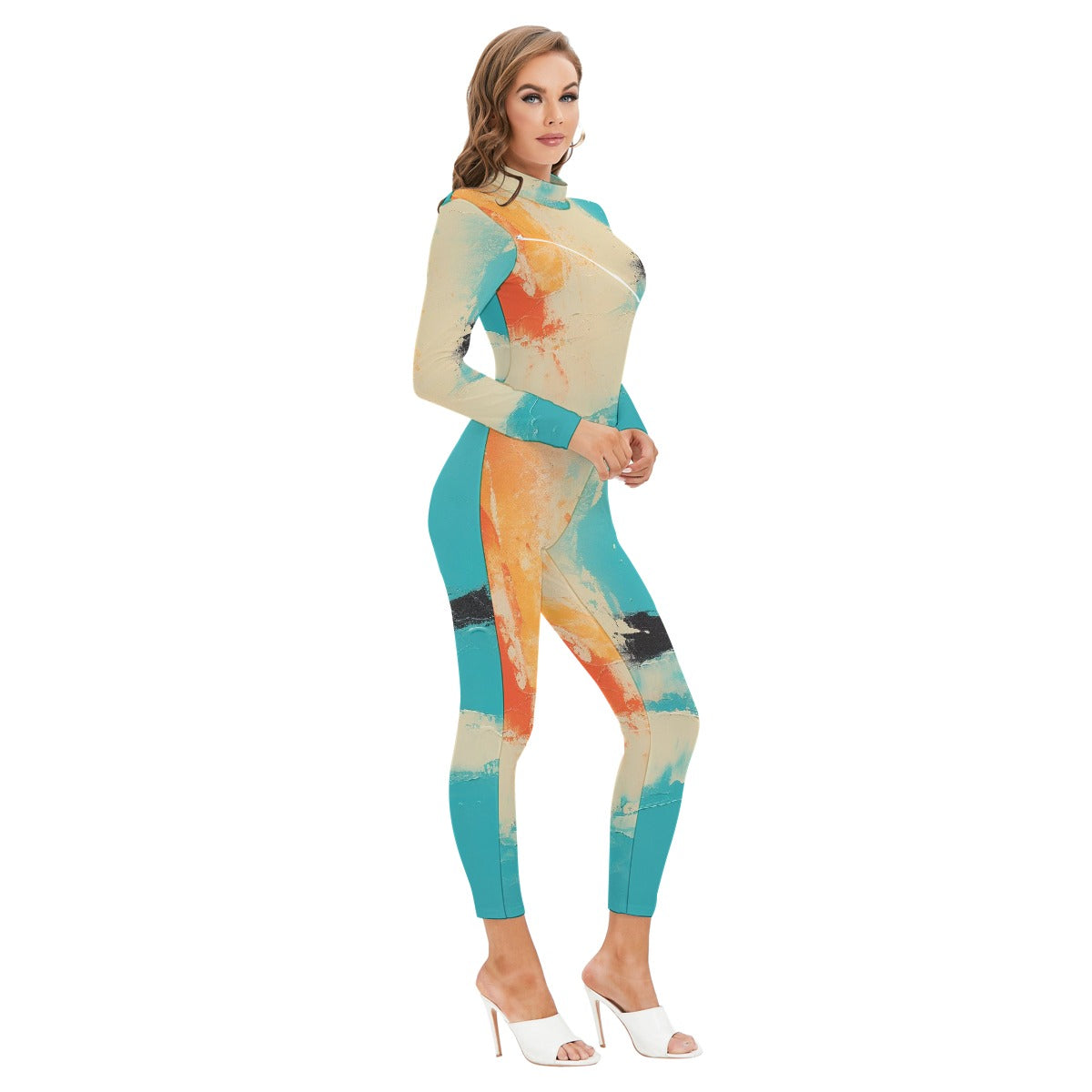 All-Over Print Women's Long-sleeved High-neck Jumpsuit With Zipper
