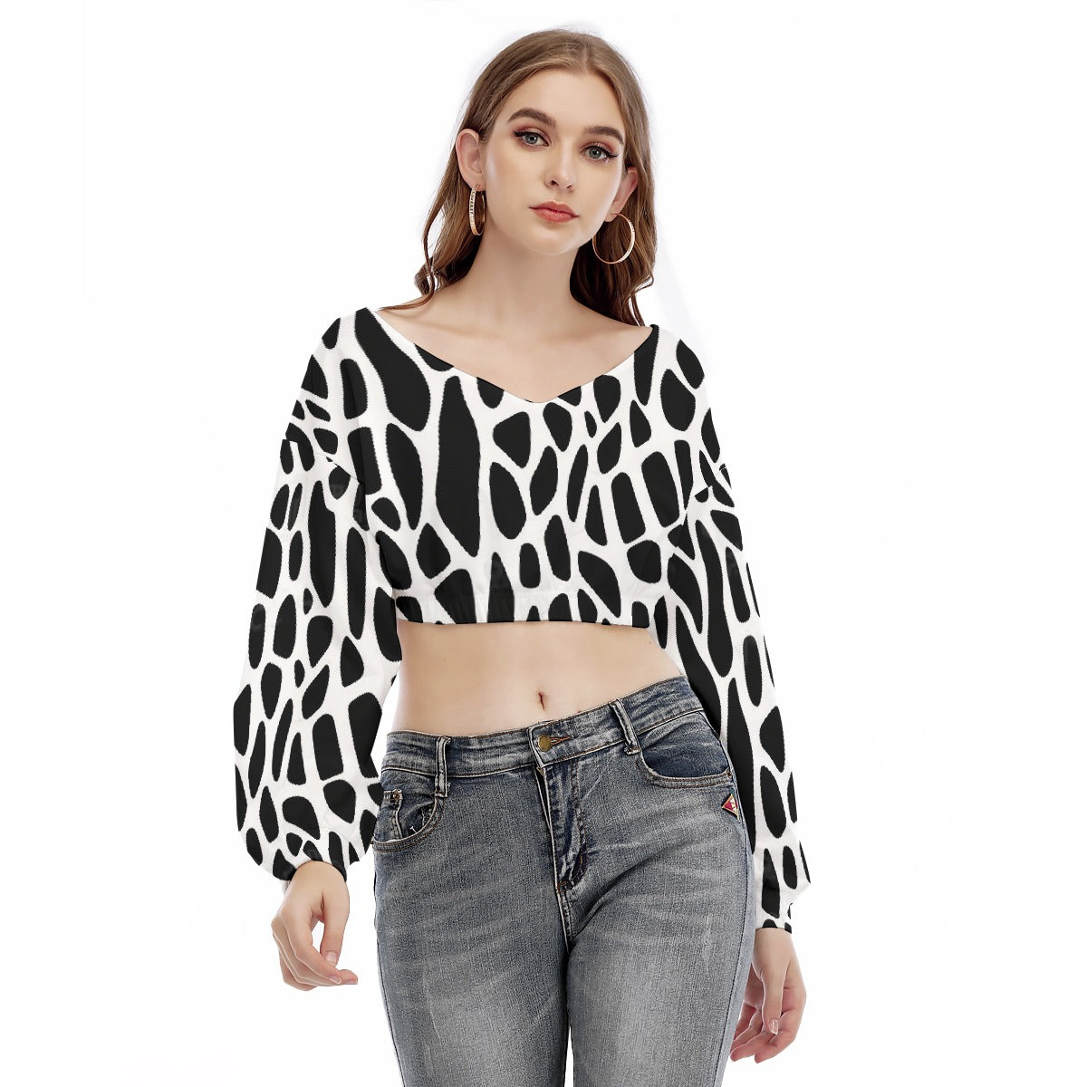 All-Over Print Women's V-neck Long Sleeve Cropped Sweatshirt
