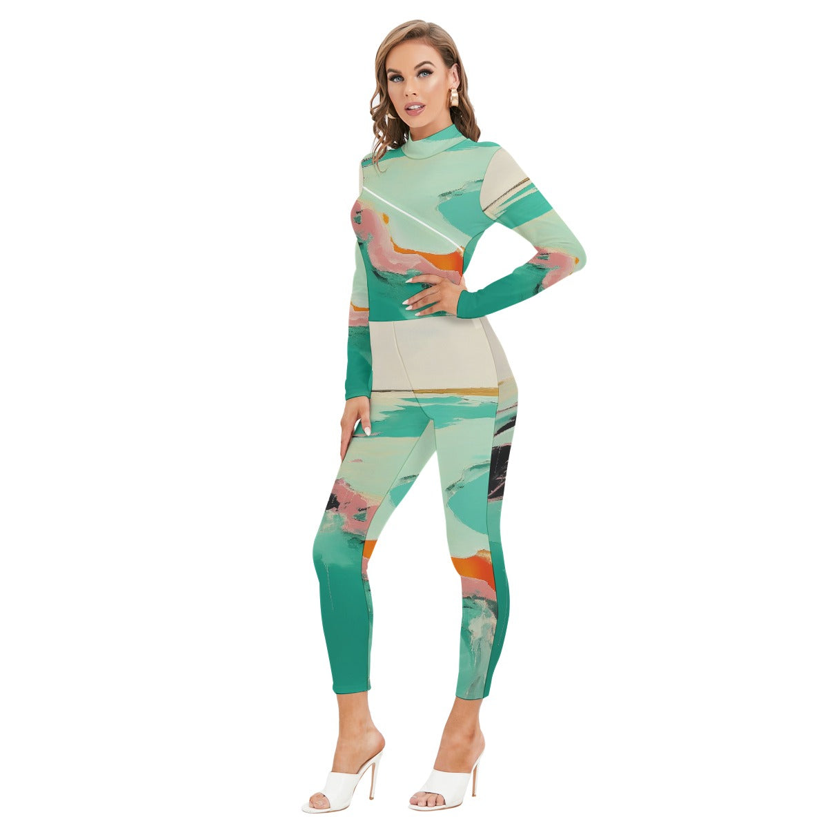 All-Over Print Women's Long-sleeved High-neck Jumpsuit With Zipper