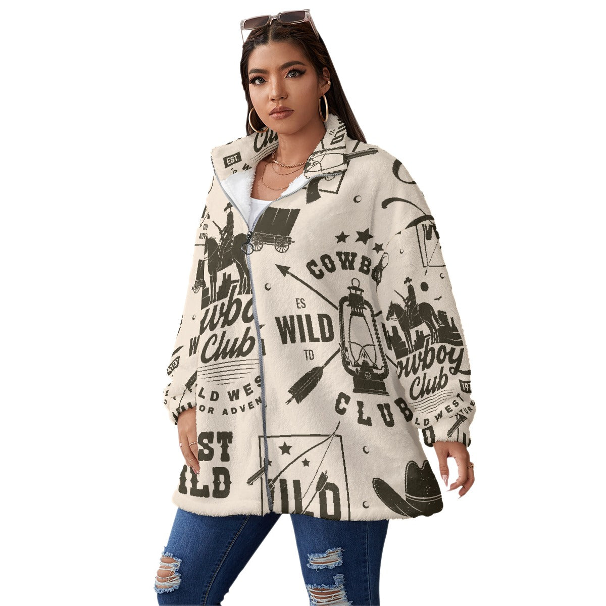 All-Over Print Unisex Borg Fleece Stand-up Collar Coat With Zipper Closure(Plus Size)