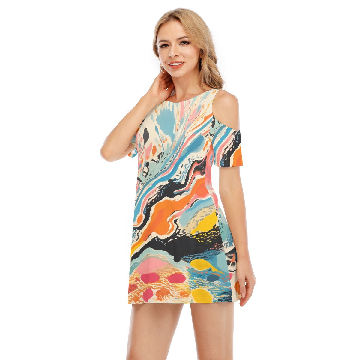 All-Over Print Women's Cold Shoulder Dress | 190GSM Cotton