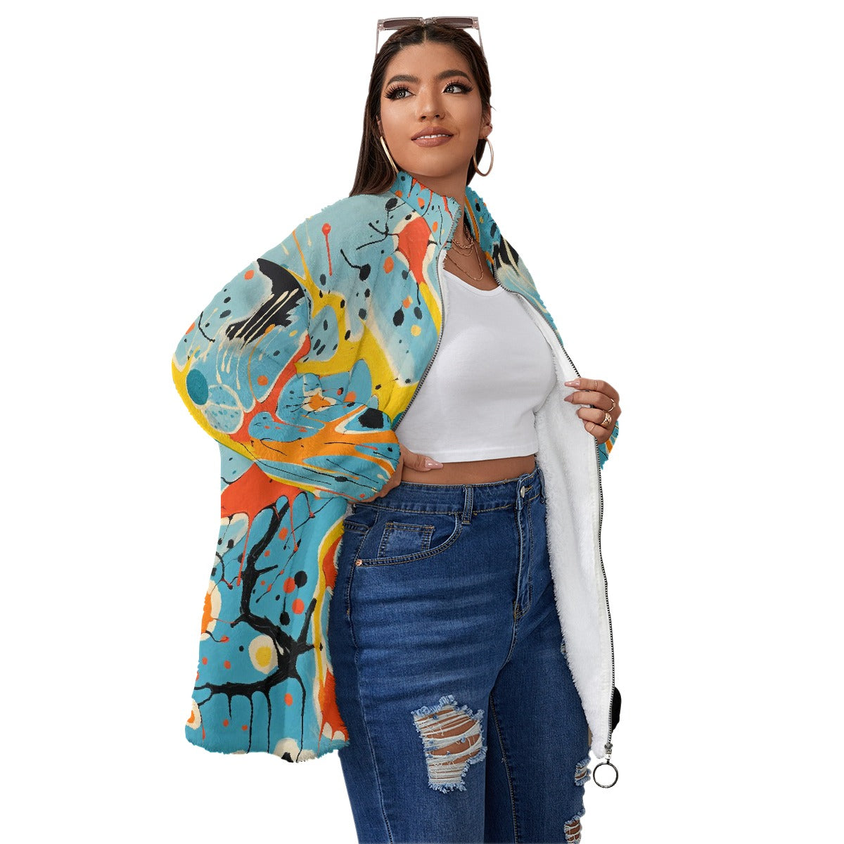 All-Over Print Unisex Borg Fleece Stand-up Collar Coat With Zipper Closure(Plus Size)