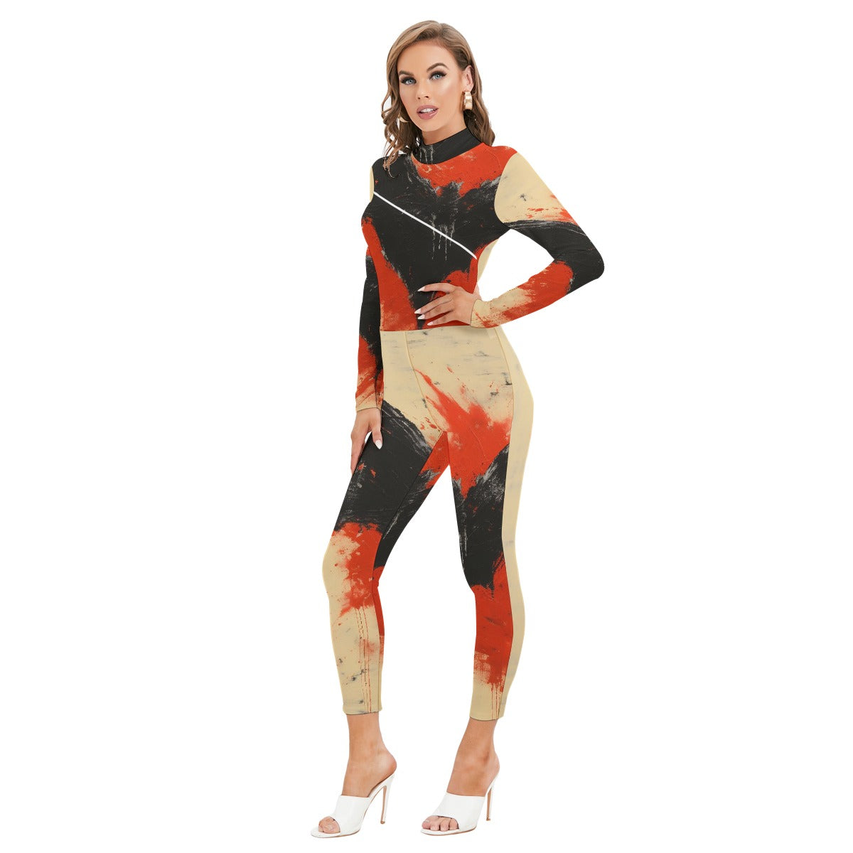 All-Over Print Women's Long-sleeved High-neck Jumpsuit With Zipper