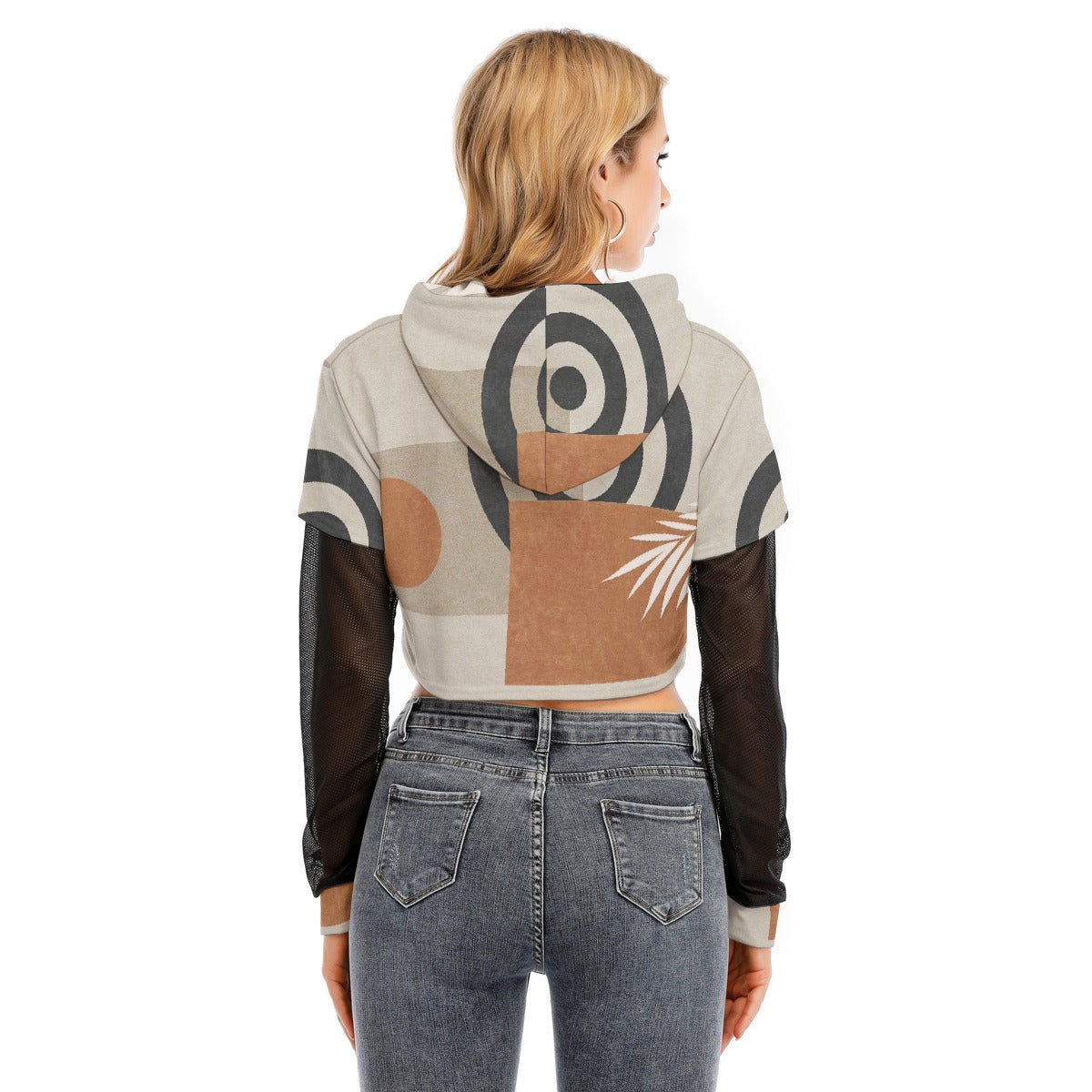 All-Over Print Women's Fake Two-piece Mesh Sleeve Cropped Hoodie