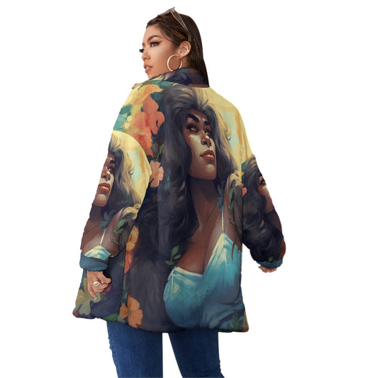 All-Over Print Unisex Borg Fleece Stand-up Collar Coat With Zipper Closure(Plus Size)
