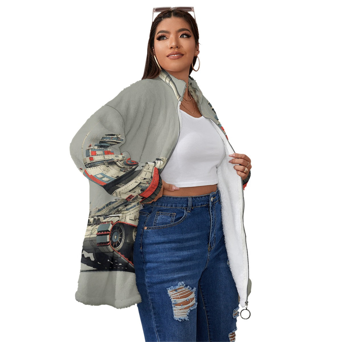 All-Over Print Unisex Borg Fleece Stand-up Collar Coat With Zipper Closure(Plus Size)