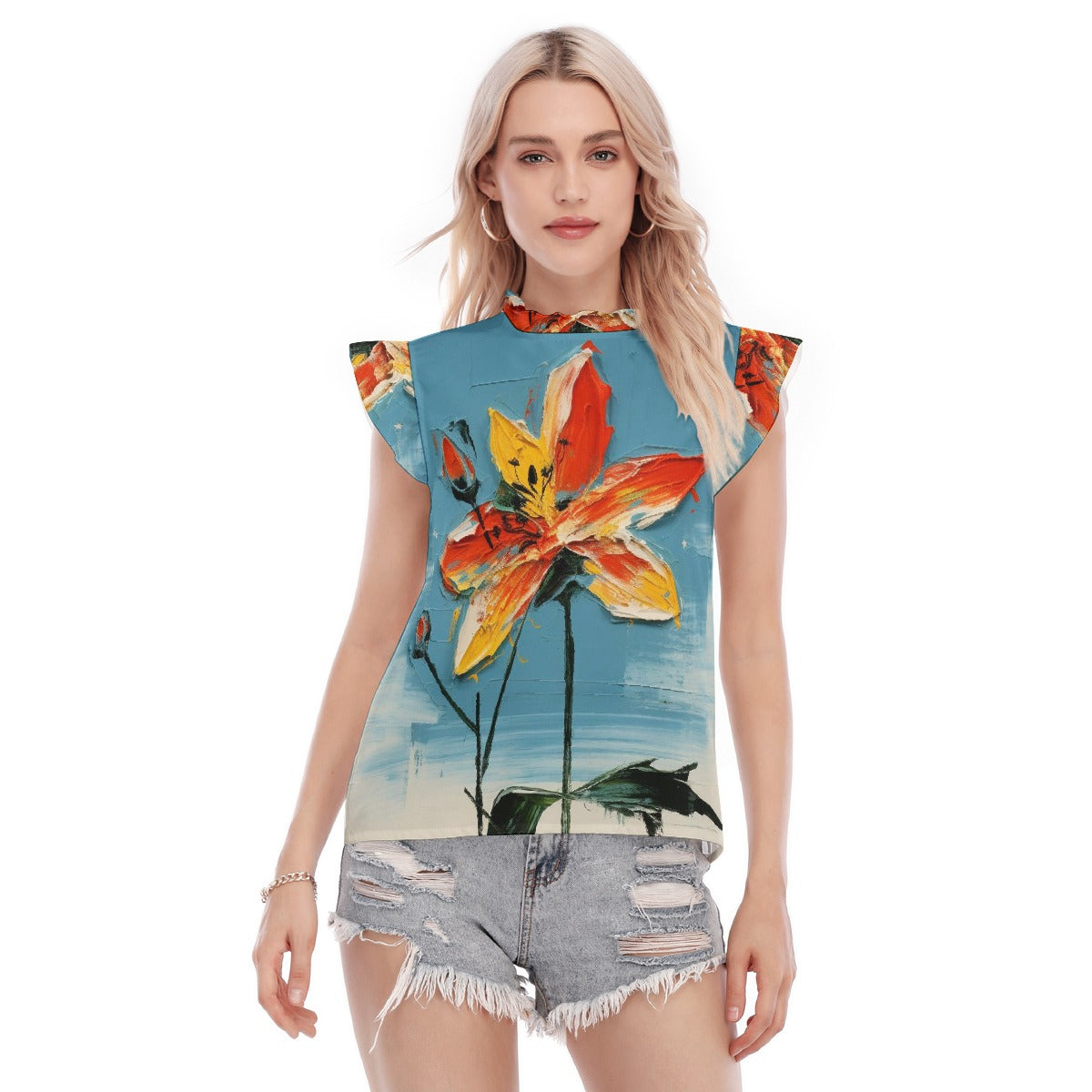 All-Over Print Women's Blouse With Ruffle Collar And Sleeve