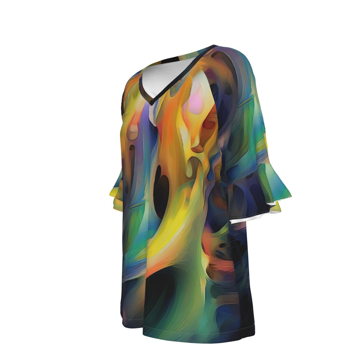 All-Over Print V-neck Women's T-shirt With Bell Sleeve