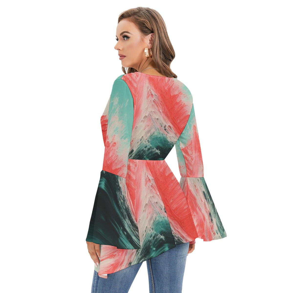 All-Over Print Women's V-neck Blouse With Flared Sleeves