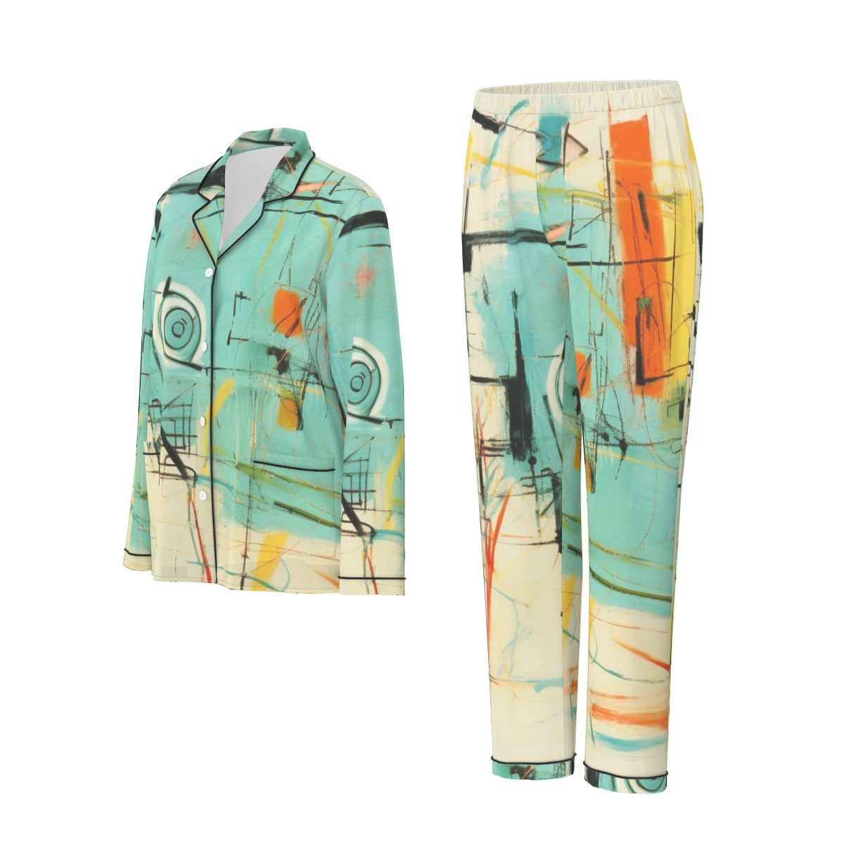 All-Over Print Women's Long Sleeve Pajama Set With Black Contrast Piping