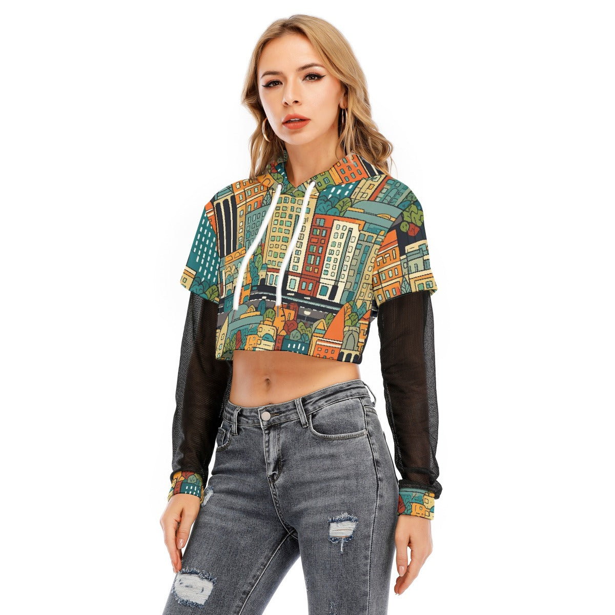 All-Over Print Women's Fake Two-piece Mesh Sleeve Cropped Hoodie