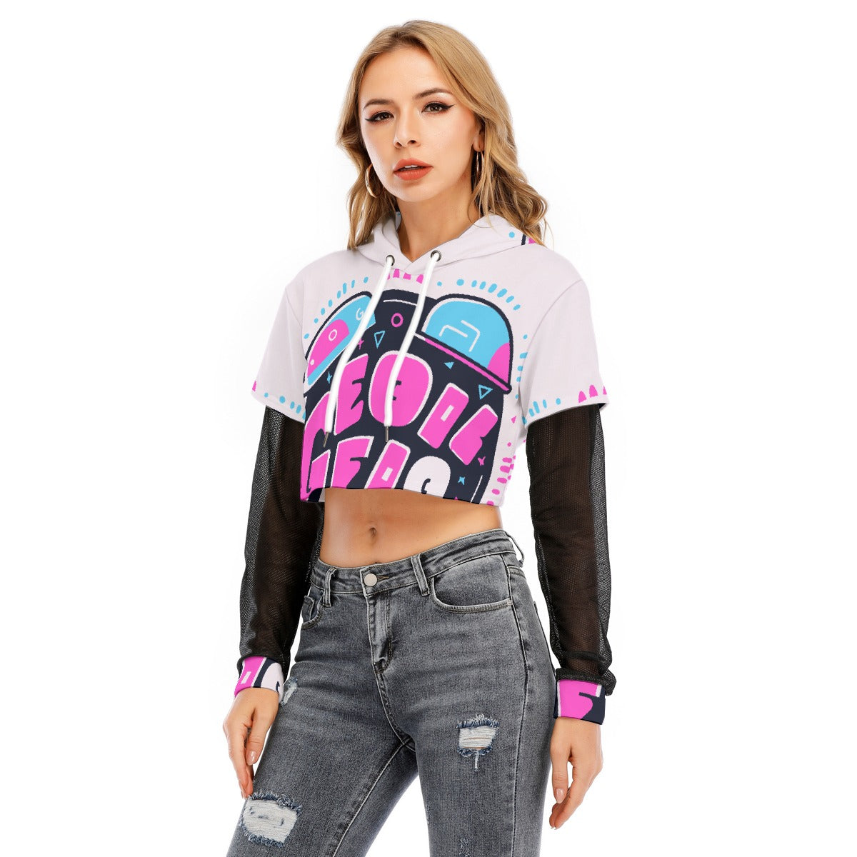 All-Over Print Women's Fake Two-piece Mesh Sleeve Cropped Hoodie