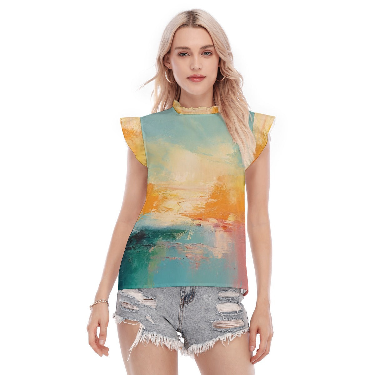 All-Over Print Women's Blouse With Ruffle Collar And Sleeve