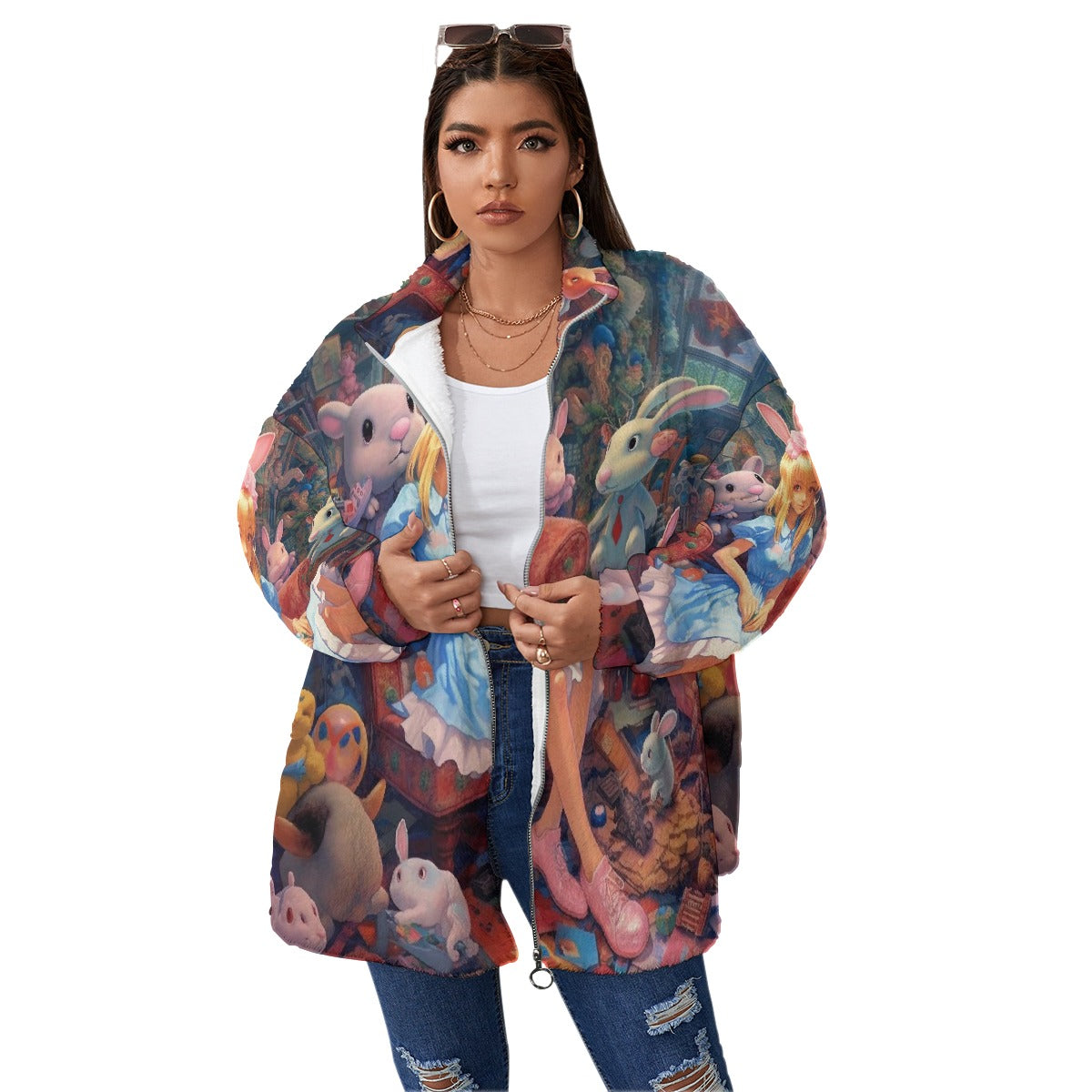 All-Over Print Unisex Borg Fleece Stand-up Collar Coat With Zipper Closure(Plus Size)