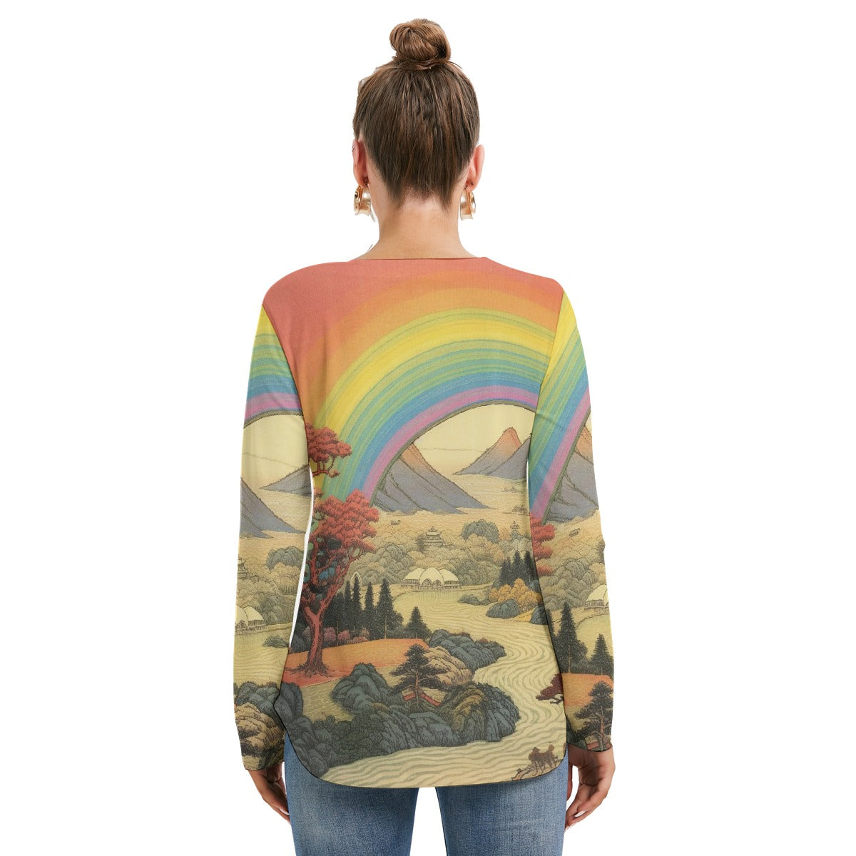 All-Over Print Women's Long Sleeve Neckline Tie Sweatshirt