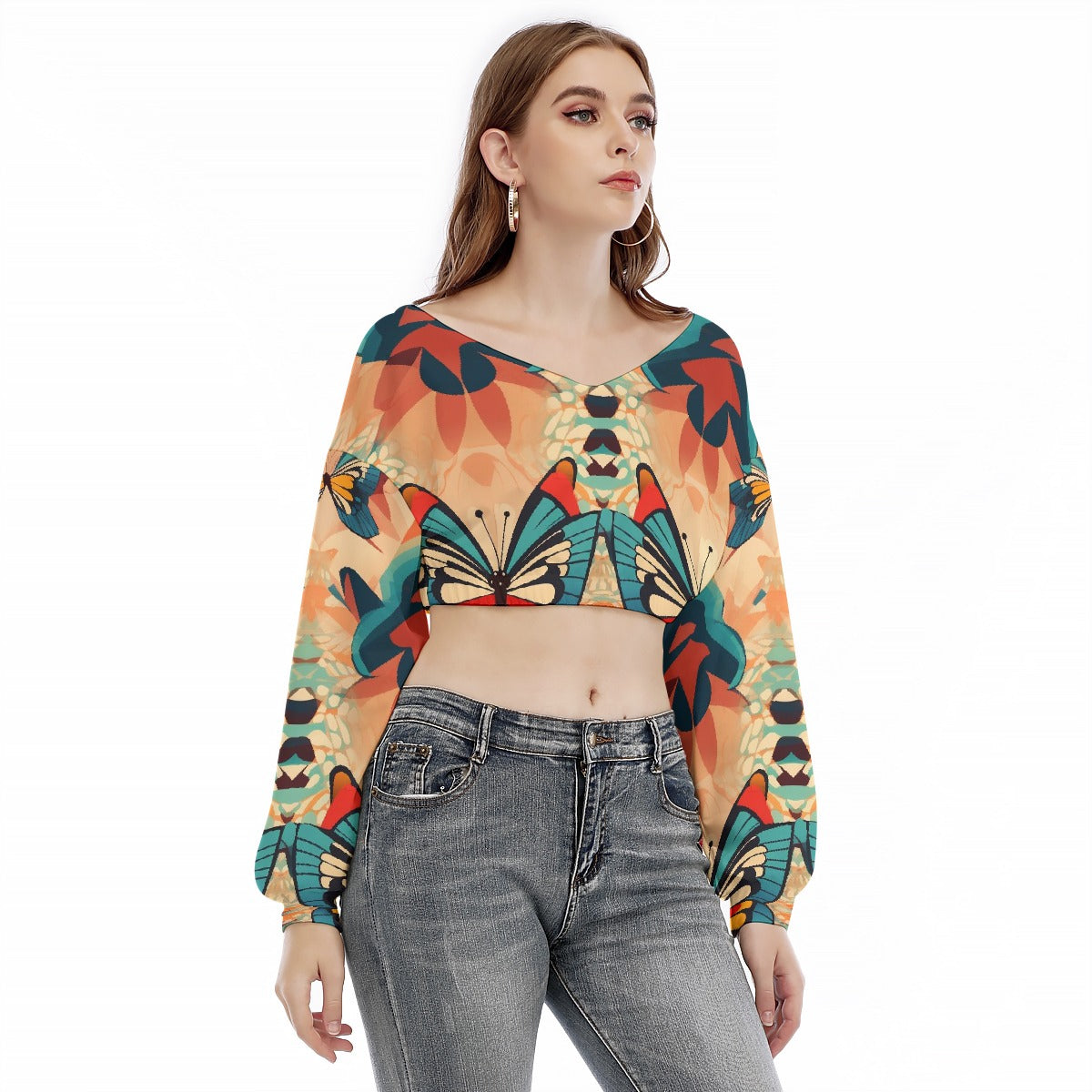 All-Over Print Women's V-neck Long Sleeve Cropped Sweatshirt