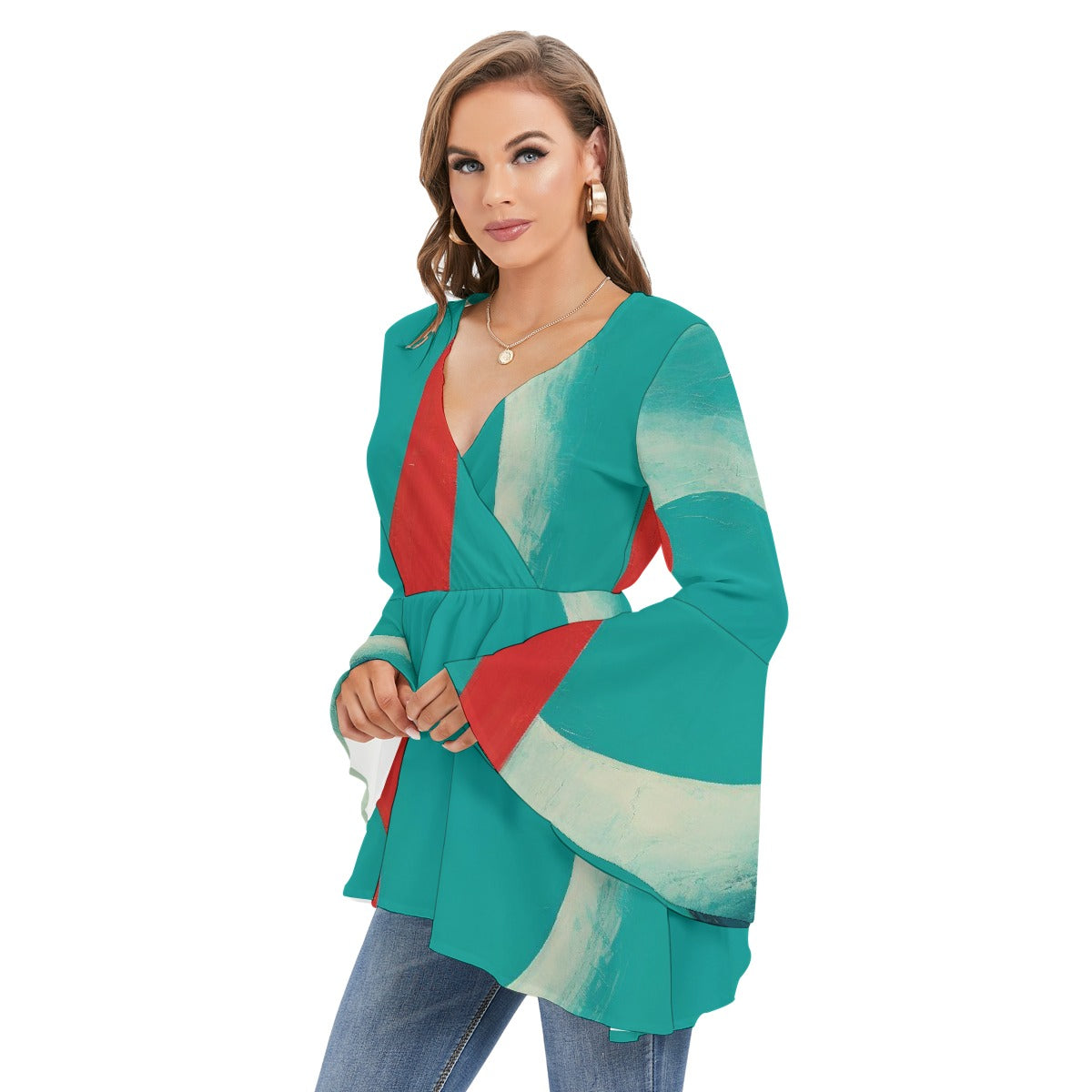 All-Over Print Women's V-neck Blouse With Flared Sleeves