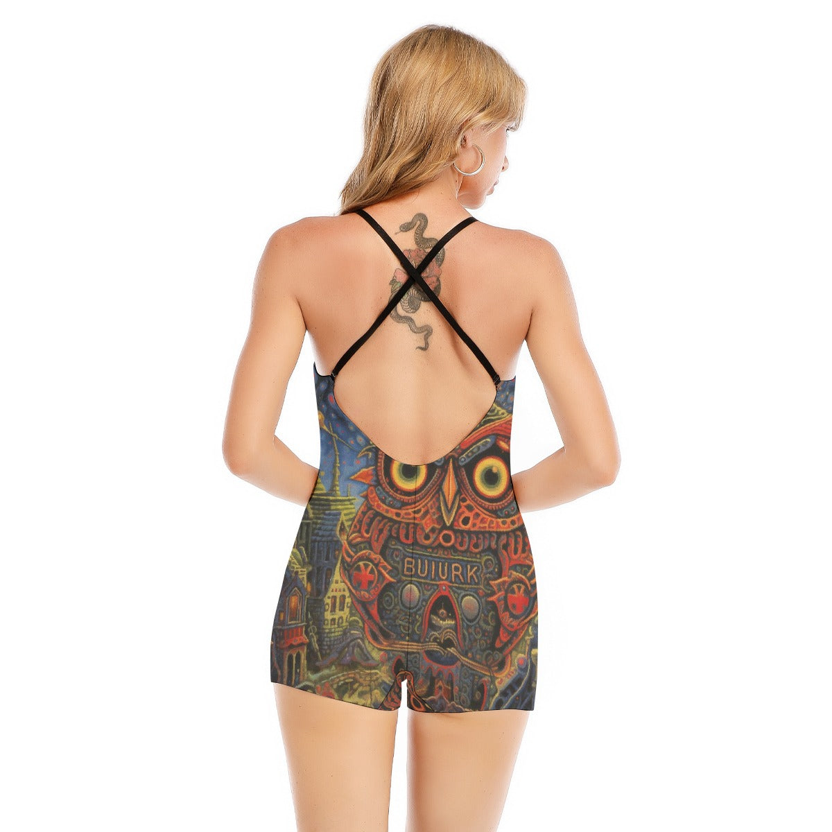 All-Over Print Women's Backless Romper With Black Straps