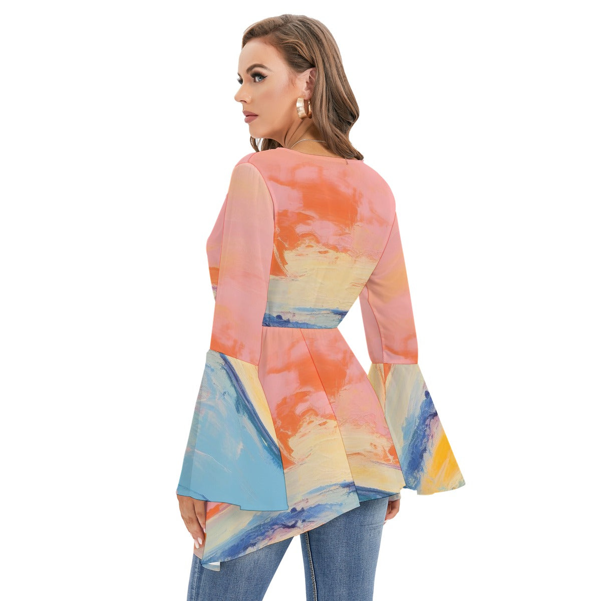 All-Over Print Women's V-neck Blouse With Flared Sleeves