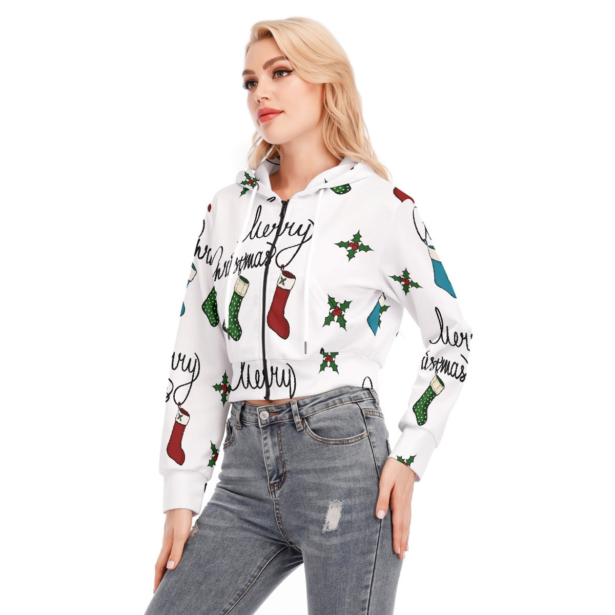 All-Over Print Women's Crop Top Hoodie With Zipper Closure
