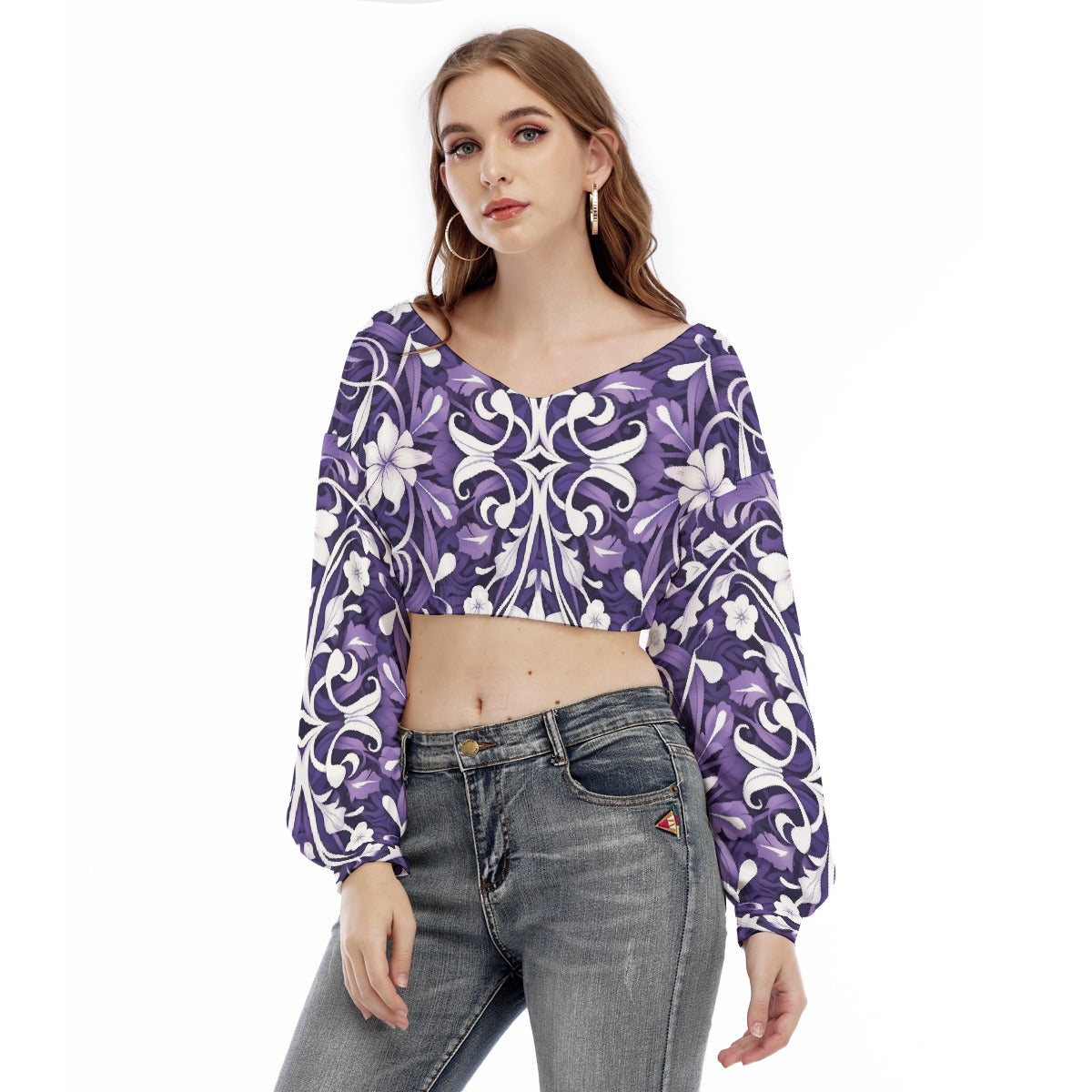 All-Over Print Women's V-neck Long Sleeve Cropped Sweatshirt